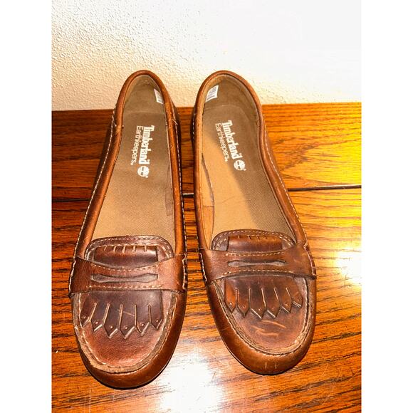 Timberland Preppy Distressed Boho Hippie Brown Fringe Leather Penny Loafers - Picture 3 of 12
